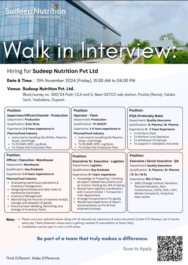 Take the Next Step in Your Pharma Career: Sudeep Nutrition Walk-in, Poicha, Gujarat 15th November 2024 (Friday)