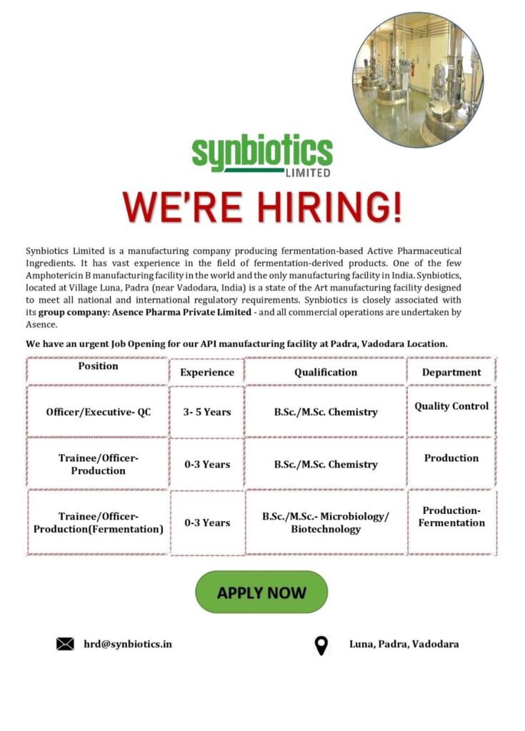 Urgent Hiring at Synbiotics Limited: QC and Production Roles Available