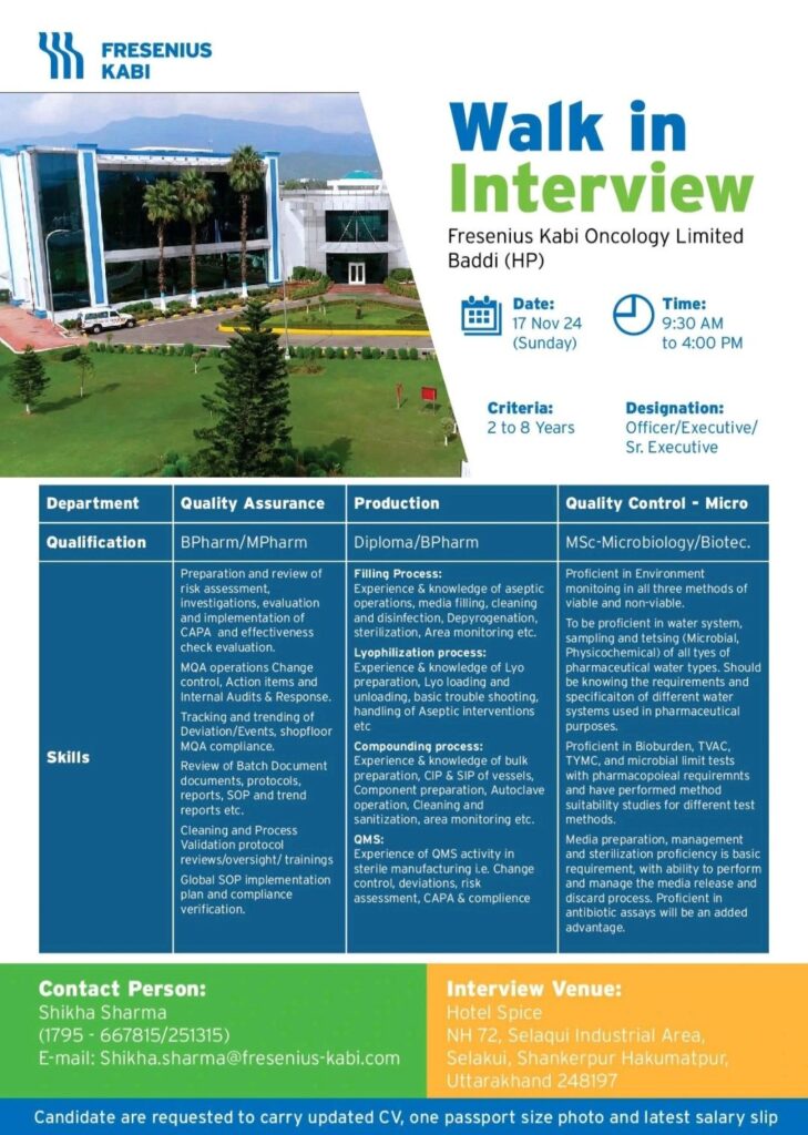 Step Up Your Career in Oncology Drug Manufacturing: Fresenius Kabi Walk-in Interview on 17 November 2024 (Sunday)