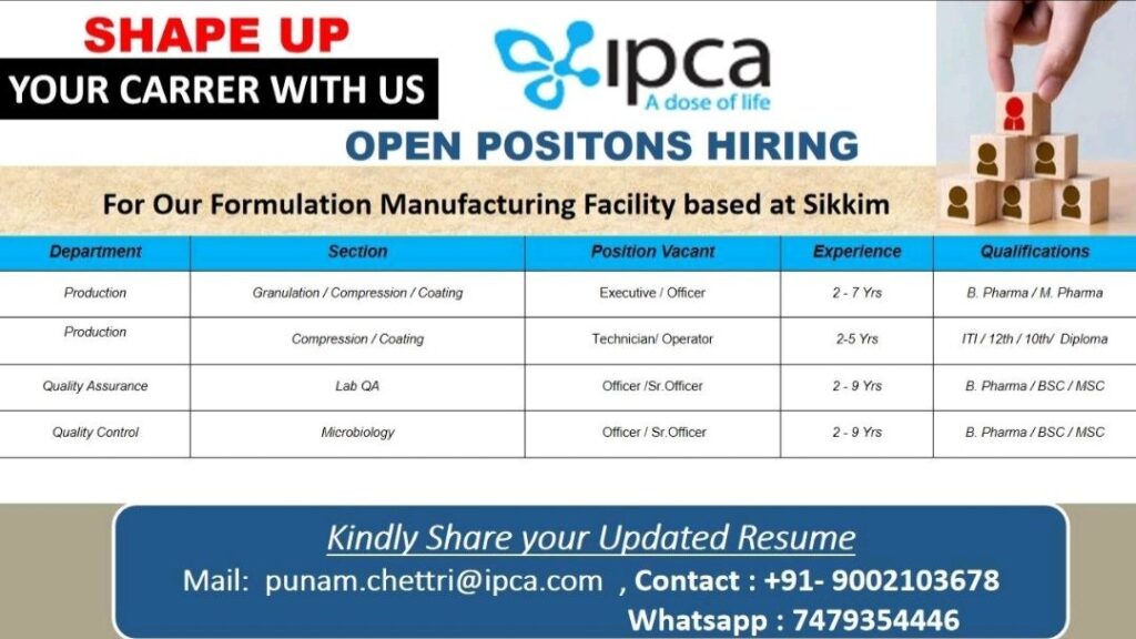 Exciting Career Opportunities at Ipca Laboratories' Sikkim Facility: Apply Now!