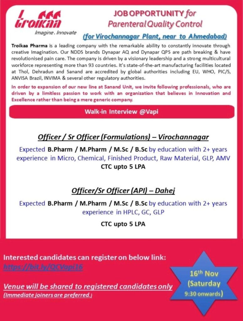 Walk-In Interview on 16th November 2024(Saturday)for Quality Control Officers at Troikaa Pharma – Revolutionize Your Career