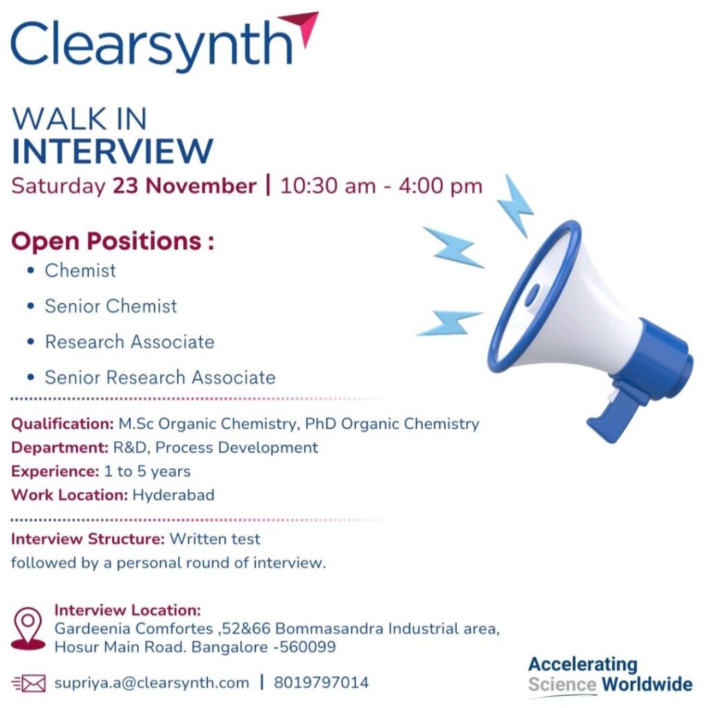 Open R&D Positions at Clearsynth: Walk-In Interview on Saturday 23 November