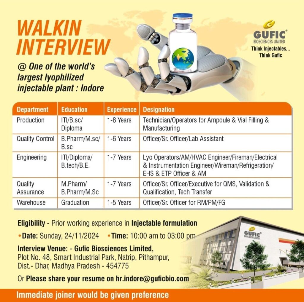 Boost Your Career with Gufic Bio: Walk-In Drive on Sunday, 24/11/2024 for Various Departments in Indore