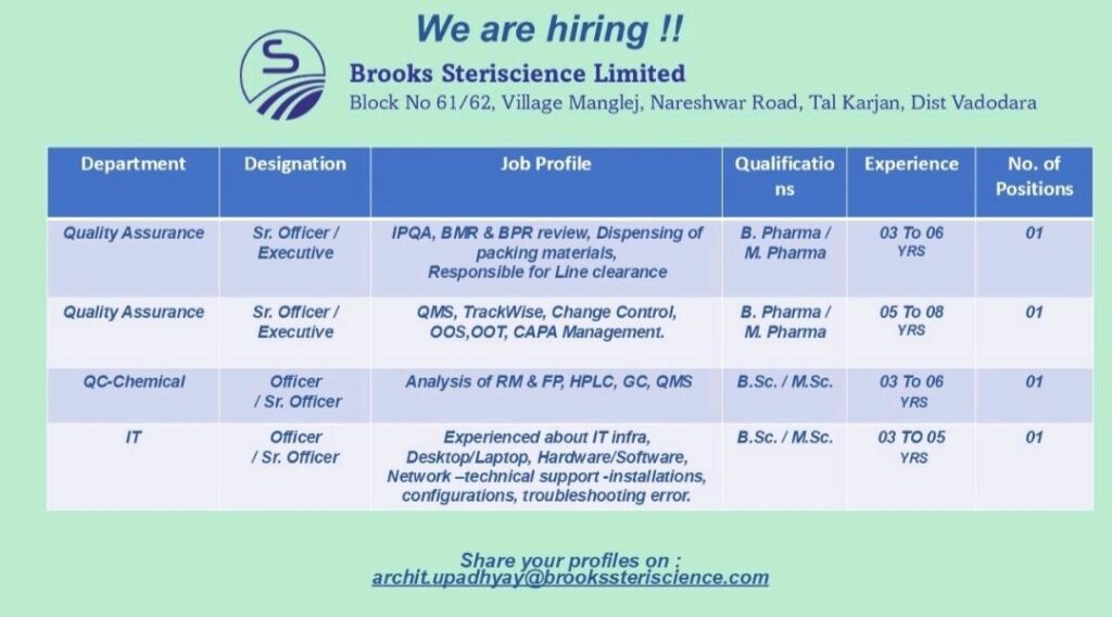 Advance Your Career in Pharmaceuticals at Brooks Steriscience: Apply Now