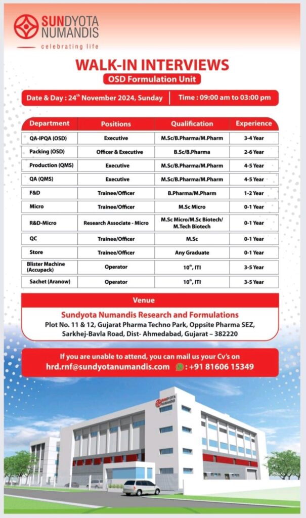 Join Sundyota Numandis: Walk-in Interviews for OSD Formulation Unit on November 24th November 2024 