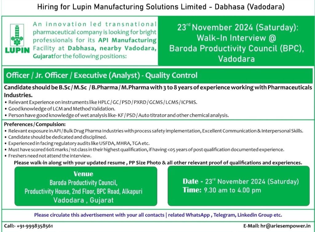 Career Opportunities with Lupin: Walk-in Interview on November 23, 2024
