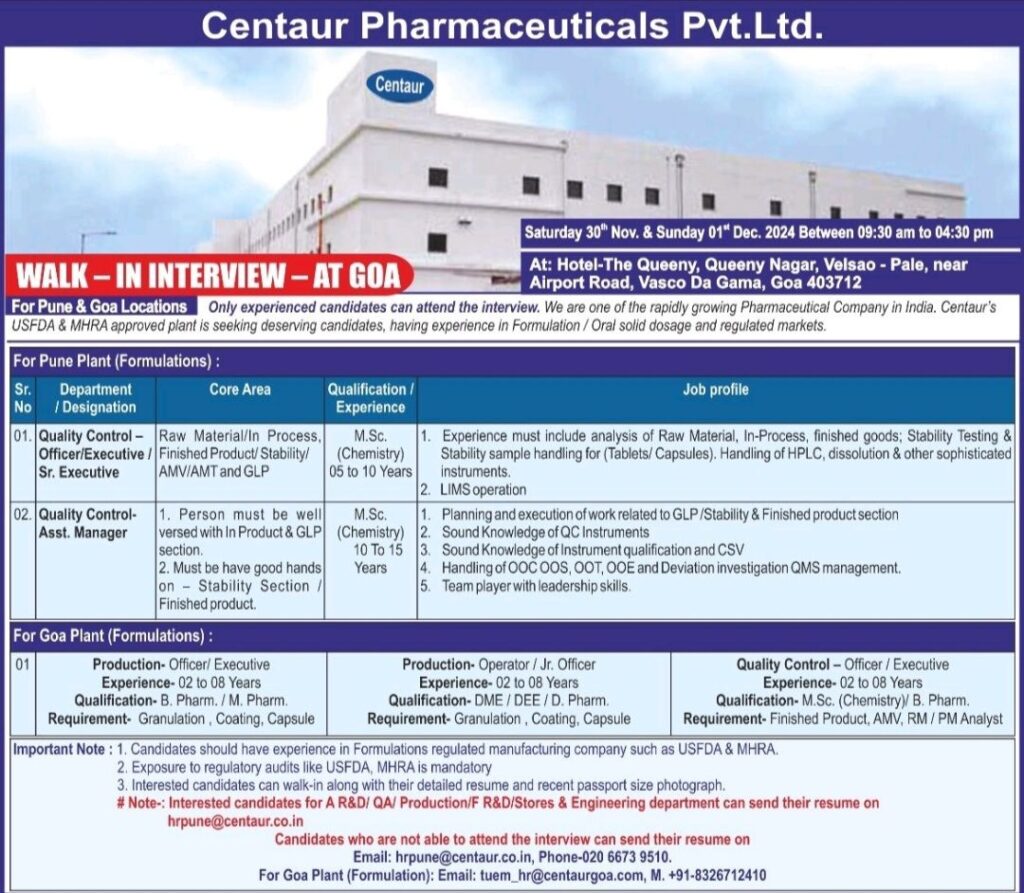Join Centaur Pharmaceuticals: Walk-in Interviews on Saturday 30th November & Sunday 01st December 2024 for Experienced Candidates in Goa
