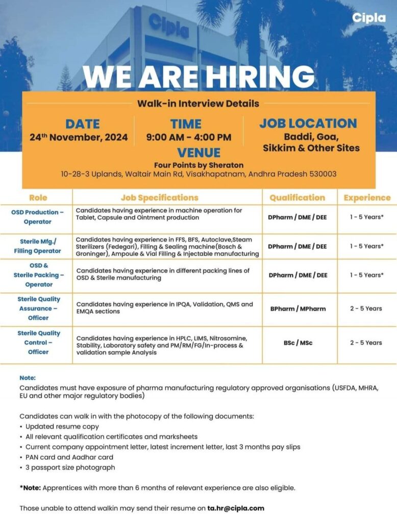 Join Cipla: Walk-In Interview for Pharma Jobs in India on 24th Nov 2024
