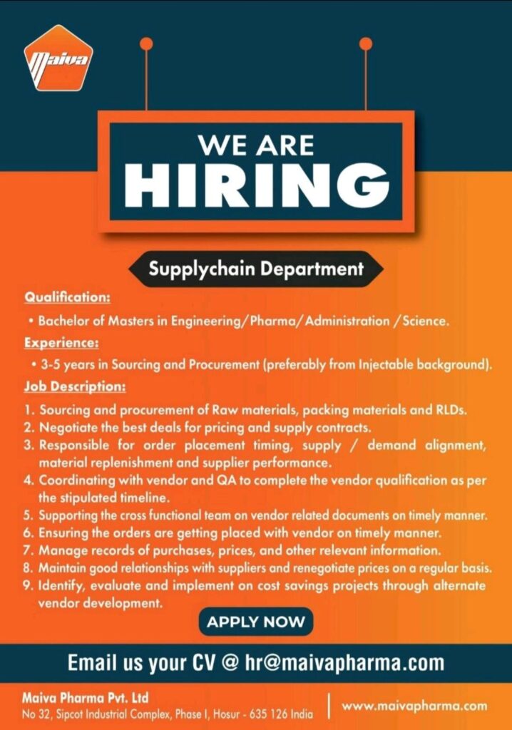 Maiva Pharma Pvt. Ltd hiring for Supply Chain Department 