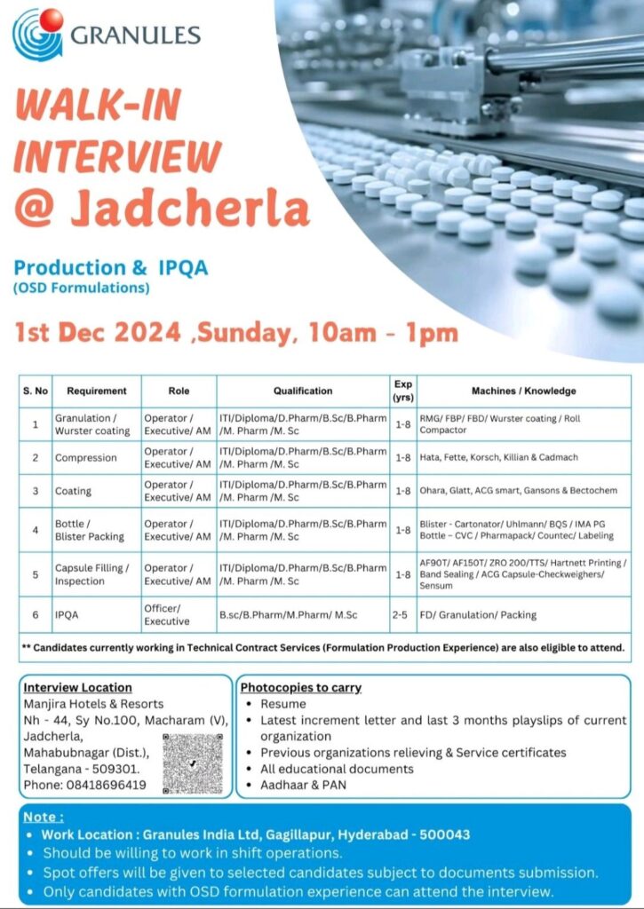 Join Granules India Ltd: Walk-in Interview for OSD Formulation Roles in Jadcherla