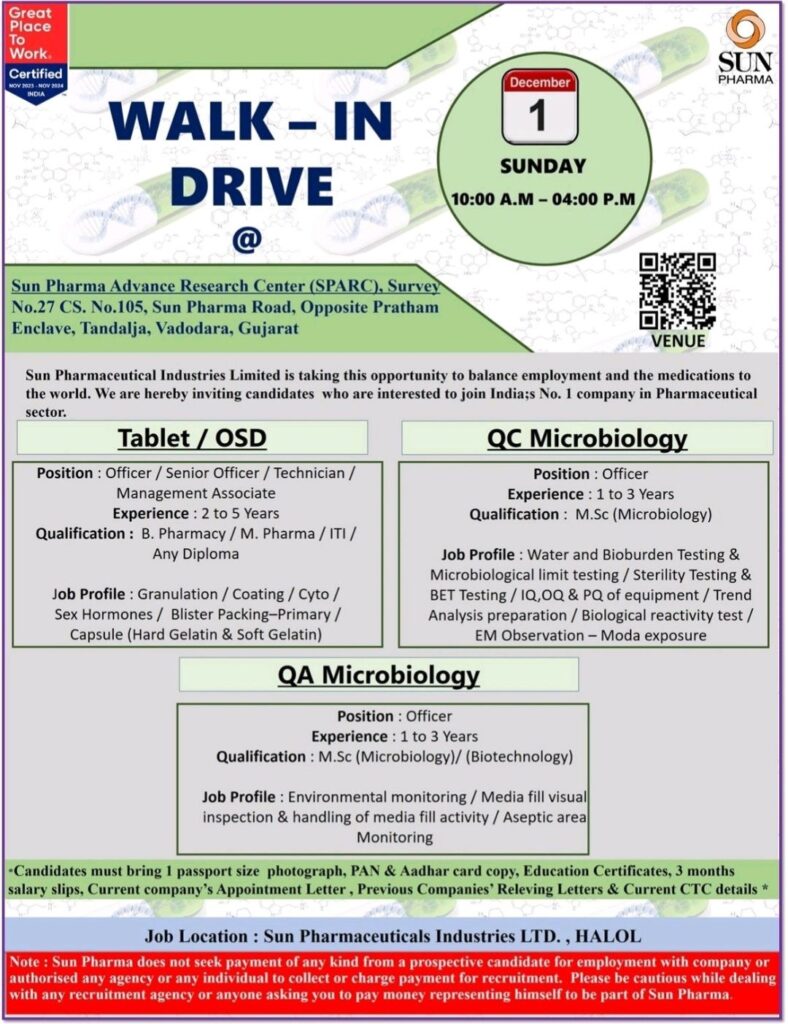 Explore Careers with Sun Pharma: Walk-in Drive on 1st December 2024(Sunday) for Experienced Professionals in Vadodara