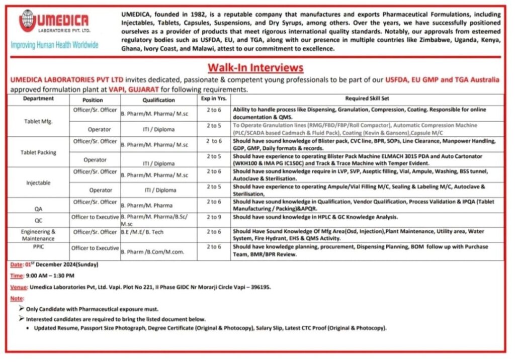 Explore Exciting Career Opportunities at UMEDICA's USFDA Approved Plant Walk In Drive on 1st December 2024(Sunday)
