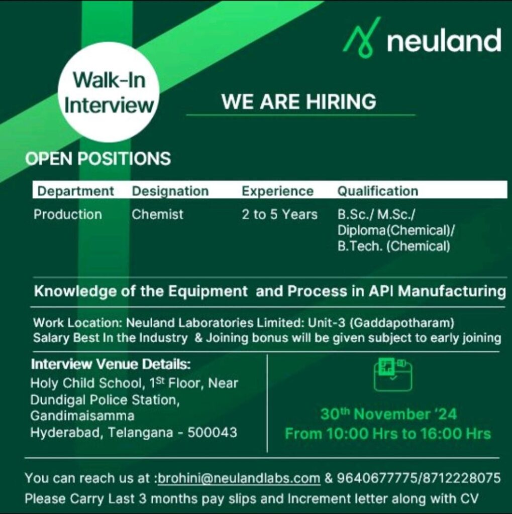 Neuland Laboratories Limited Walk In Drive on 30th November 2024 for Production Department 