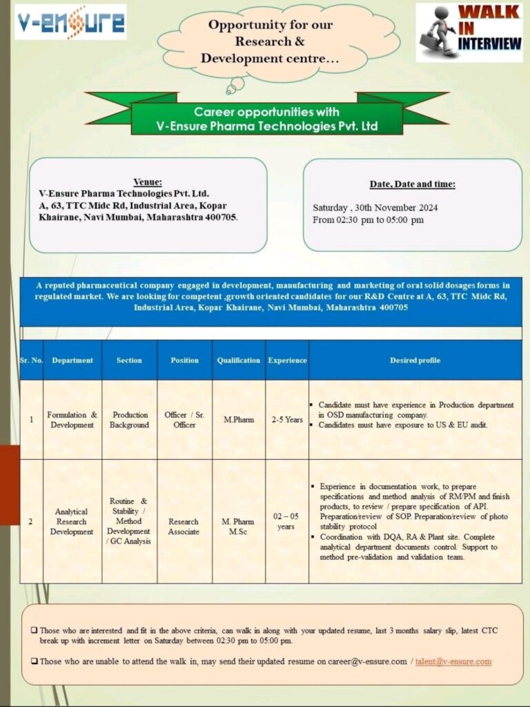 Walk-In Interviews on Saturday, 30th November 2024: V-Ensure Pharma Seeks Talented Candidates for Formulation & Development, Analytical Research Development Department 