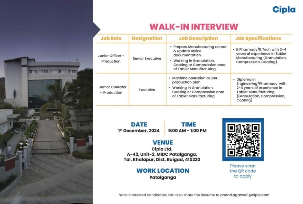 Cipla Walk In Drive on 1st December, 2024 for Production Department 