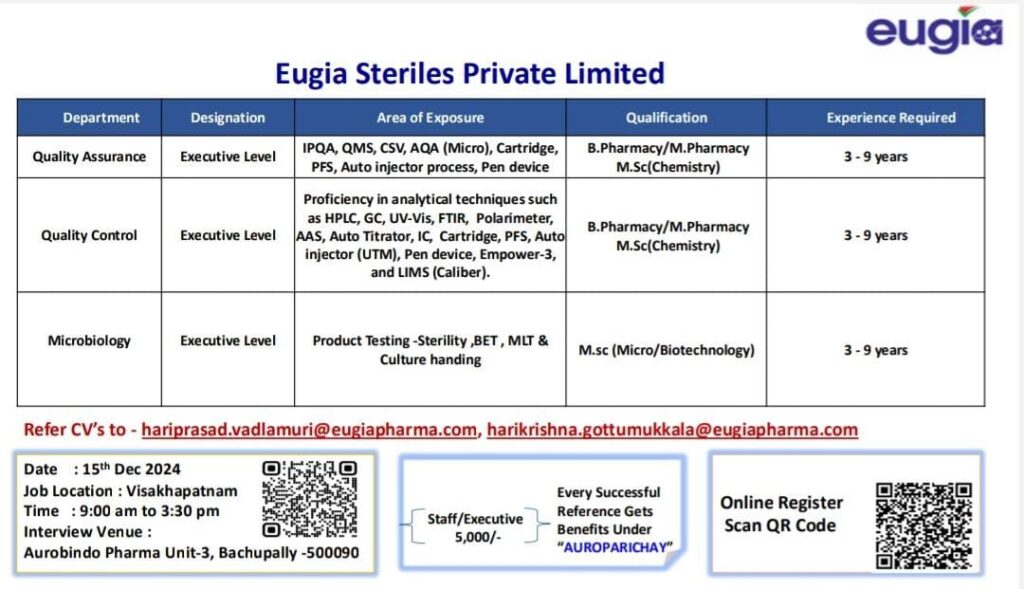 Eugia Steriles Private Limited walk-in interview