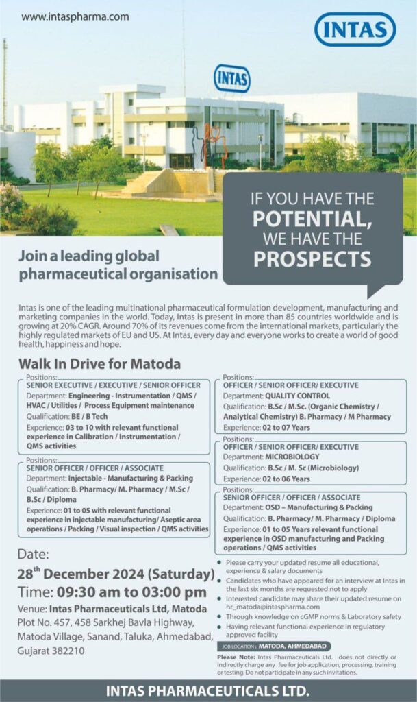 Intas Pharmaceuticals Ltd. Walk In Drive for Injectable/ OSD- Manufacturing & Packing, QC, Micro, Engineering