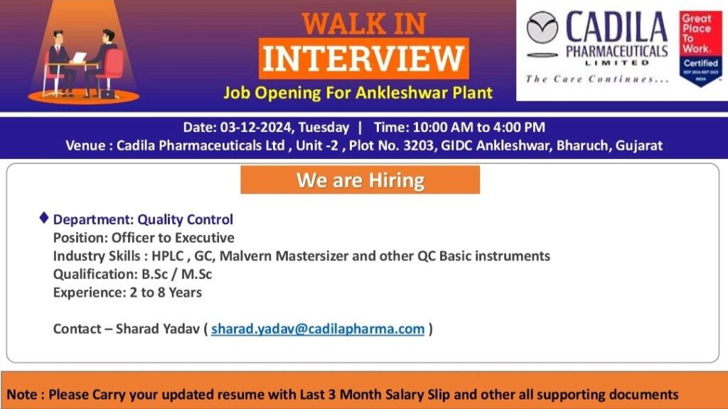 Cadila Pharmaceuticals Ltd Walk In Drive on 03rd December 2024, Tuesday for Quality Control Department 