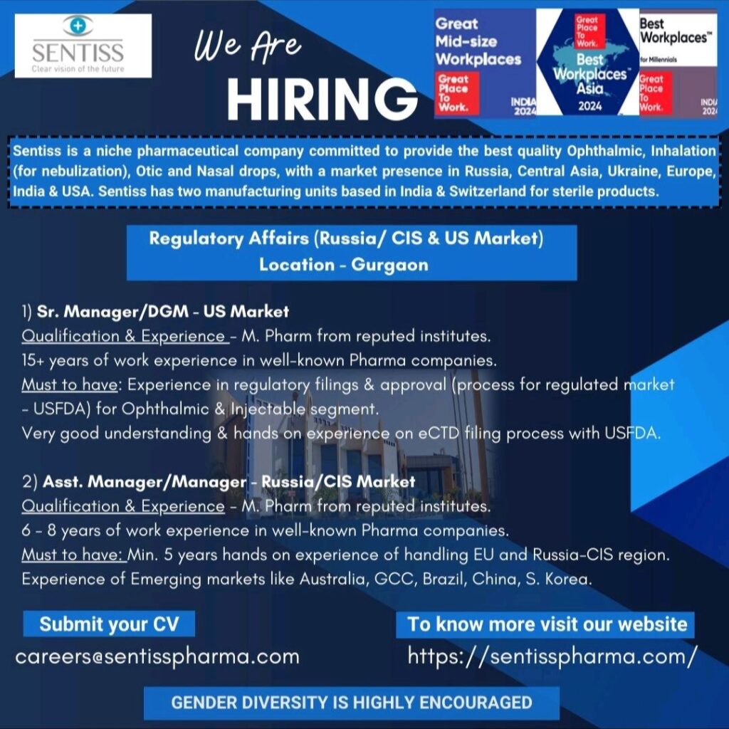 Sentiss Pharma hiring for Regulatory Affairs (Russia/CIS & US Market)