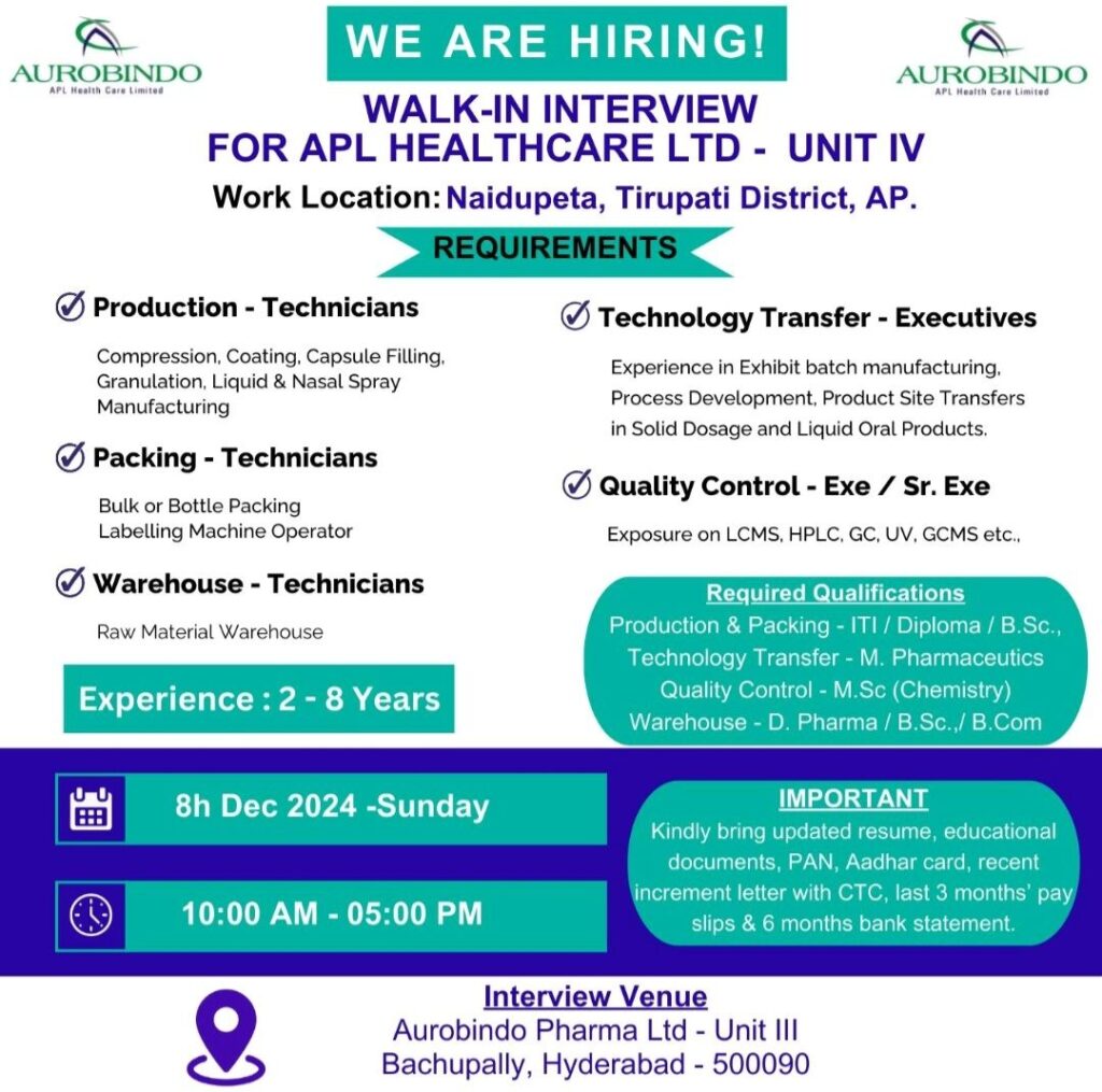 Aurobindo Healthcare Ltd Walk In Drive on 8th December 2024