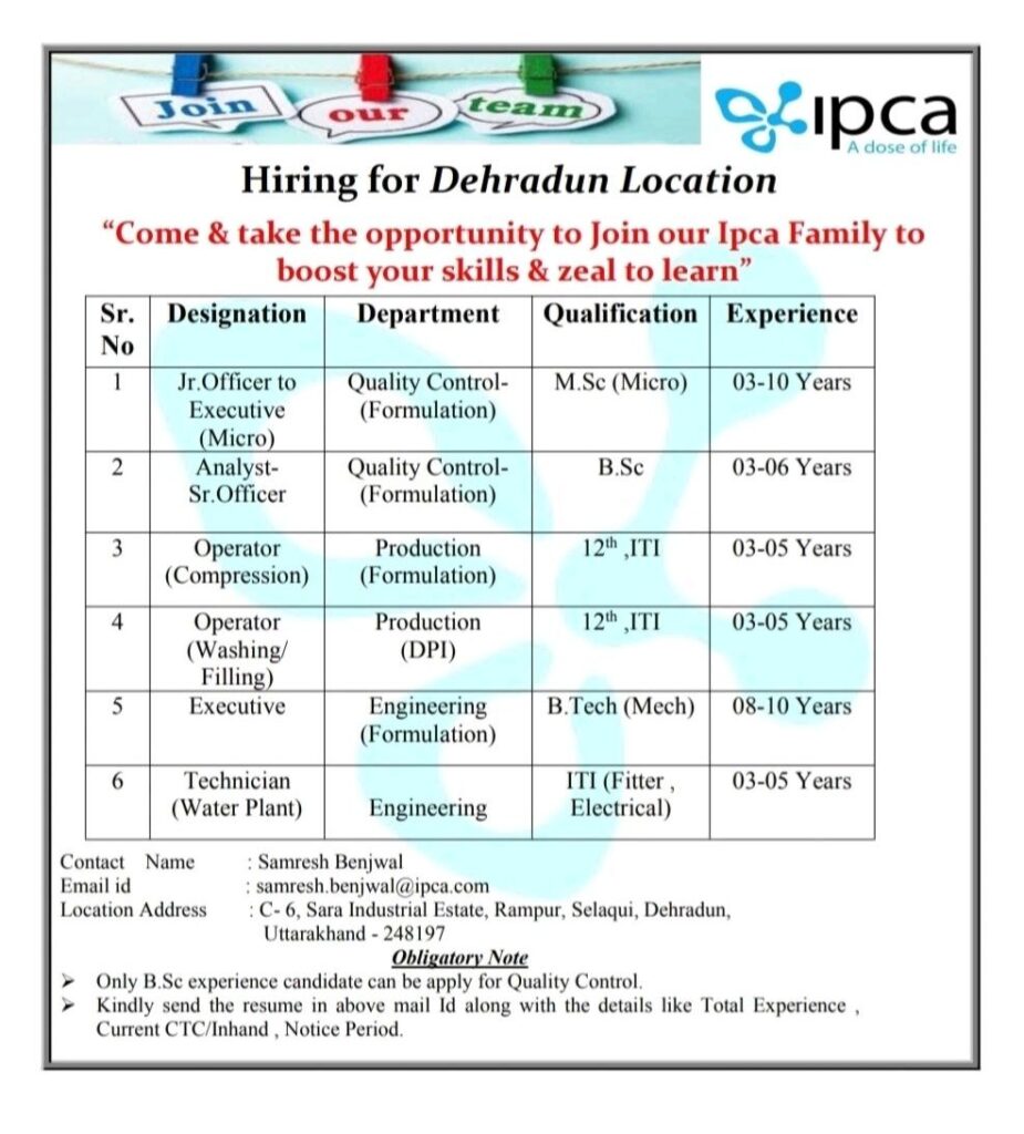 Ipca Laboratories Limited hiring for Quality Control & Engineering Department