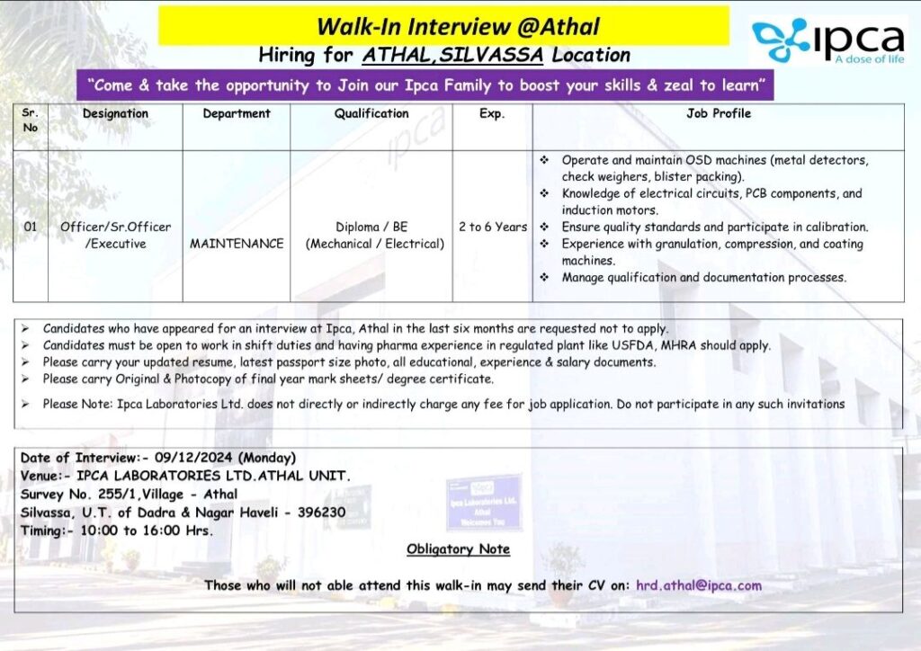 Ipca Laboratories Walk In Drive on 09th December 2024 (Monday)