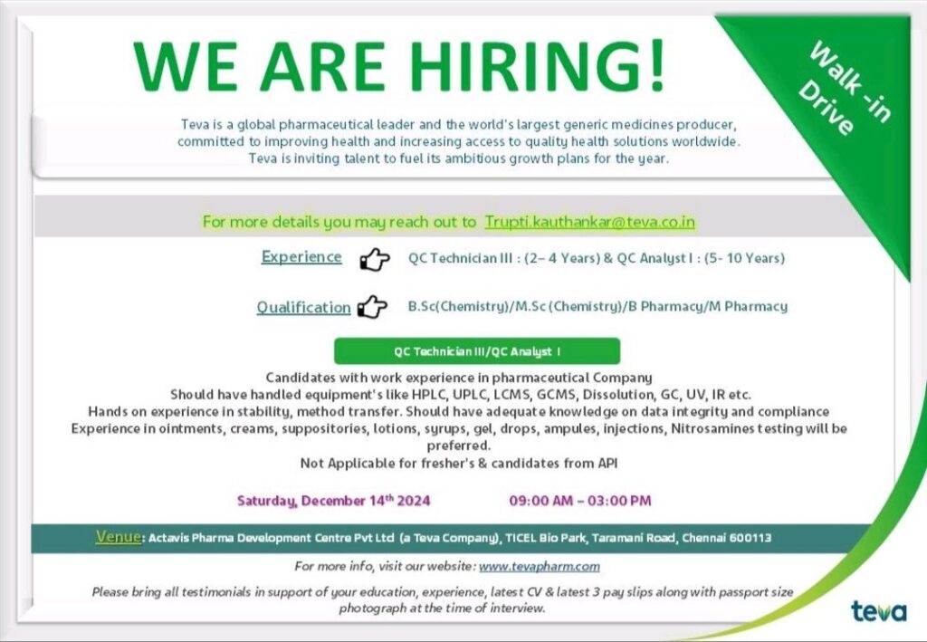 Teva pharmaceuticals Walk In Drive on Saturday, December 14th 2024