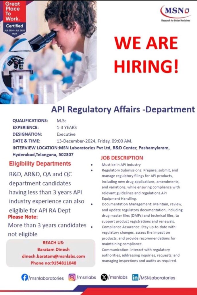 MSN Laboratories Walk In Drive on 13th December 2024, Friday for Regulatory Affairs Department 