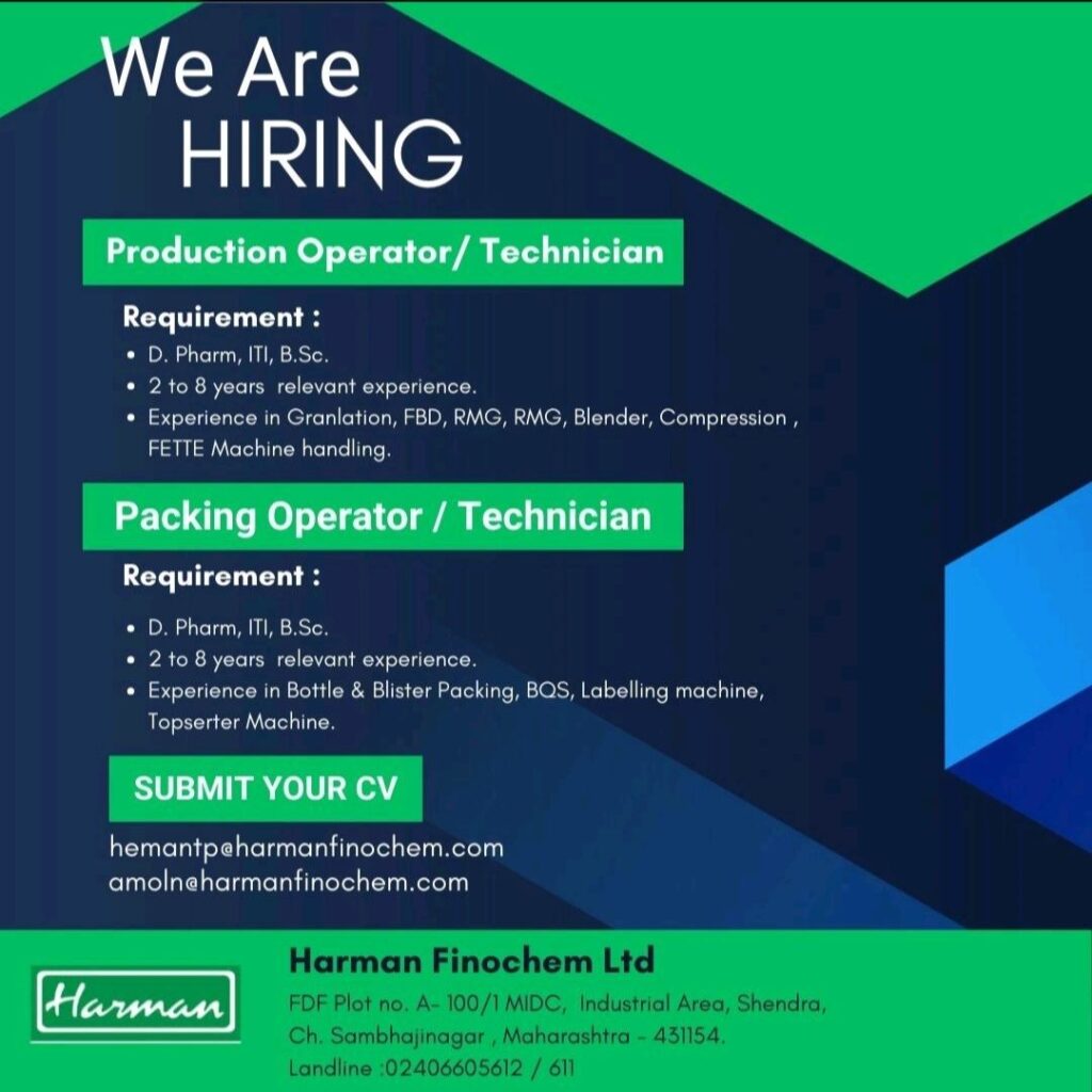 Harman Finochem Ltd hiring Production & Packing Operator / Technician 
