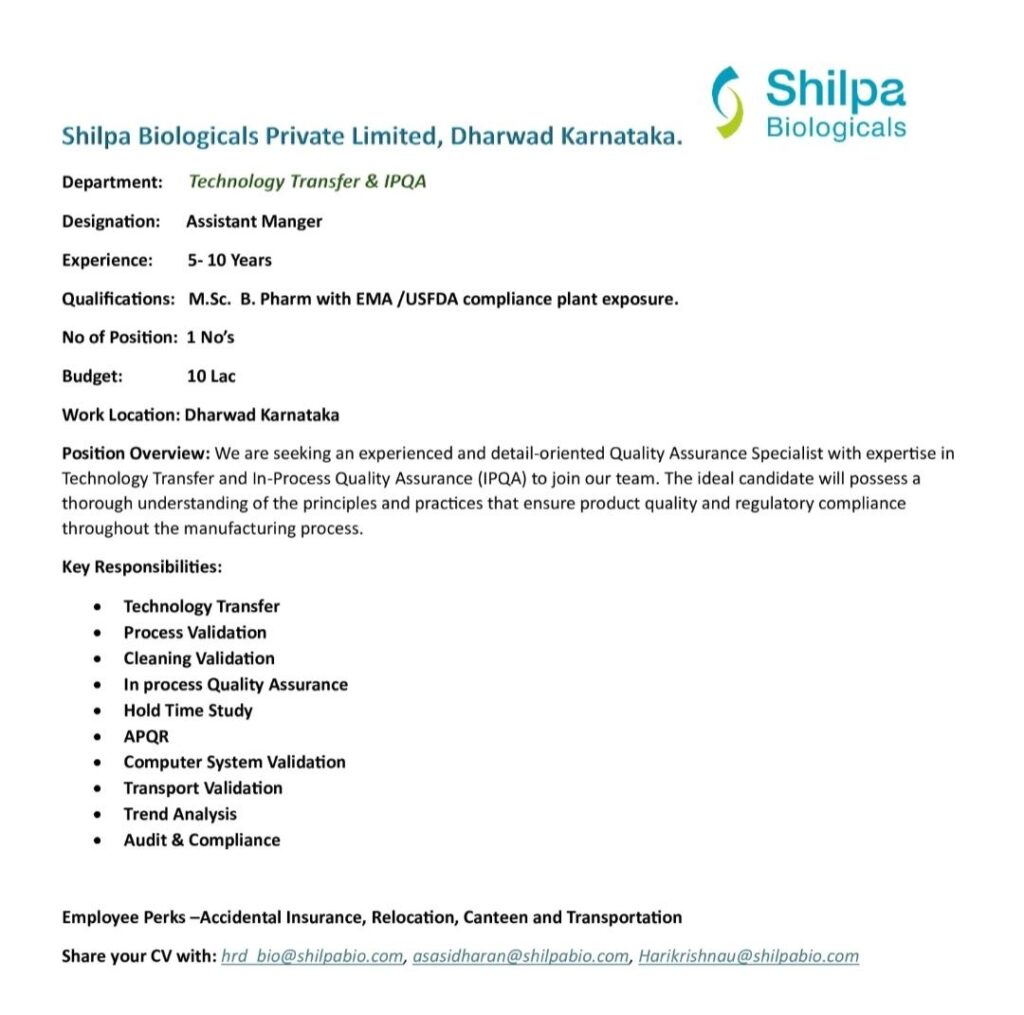 Shilpa Biologicals Private Limited hiring for Technology Transfer & IPQA Department