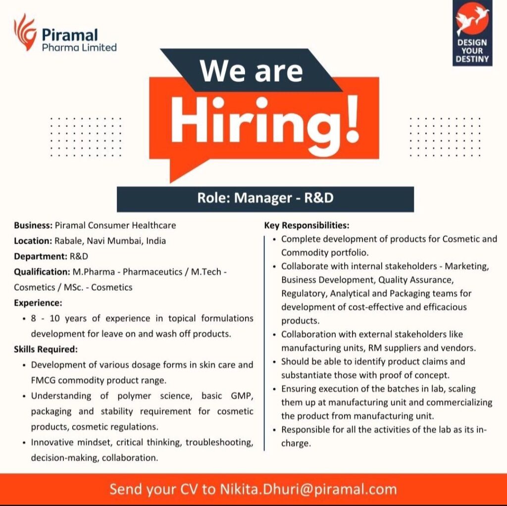 Piramal Pharma Limited hiring for R&D Department