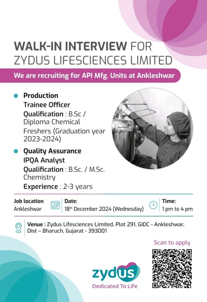 Zydus Lifesclences Limited Walk In Drive on 18th December 2024 (Wednesday) for freshers & Experienced 