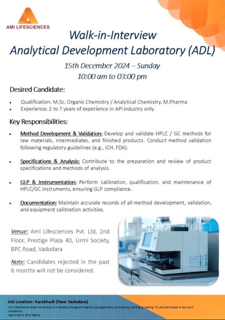 Ami Lifesciences Walk In Drive on 15th December 2024(Sunday)