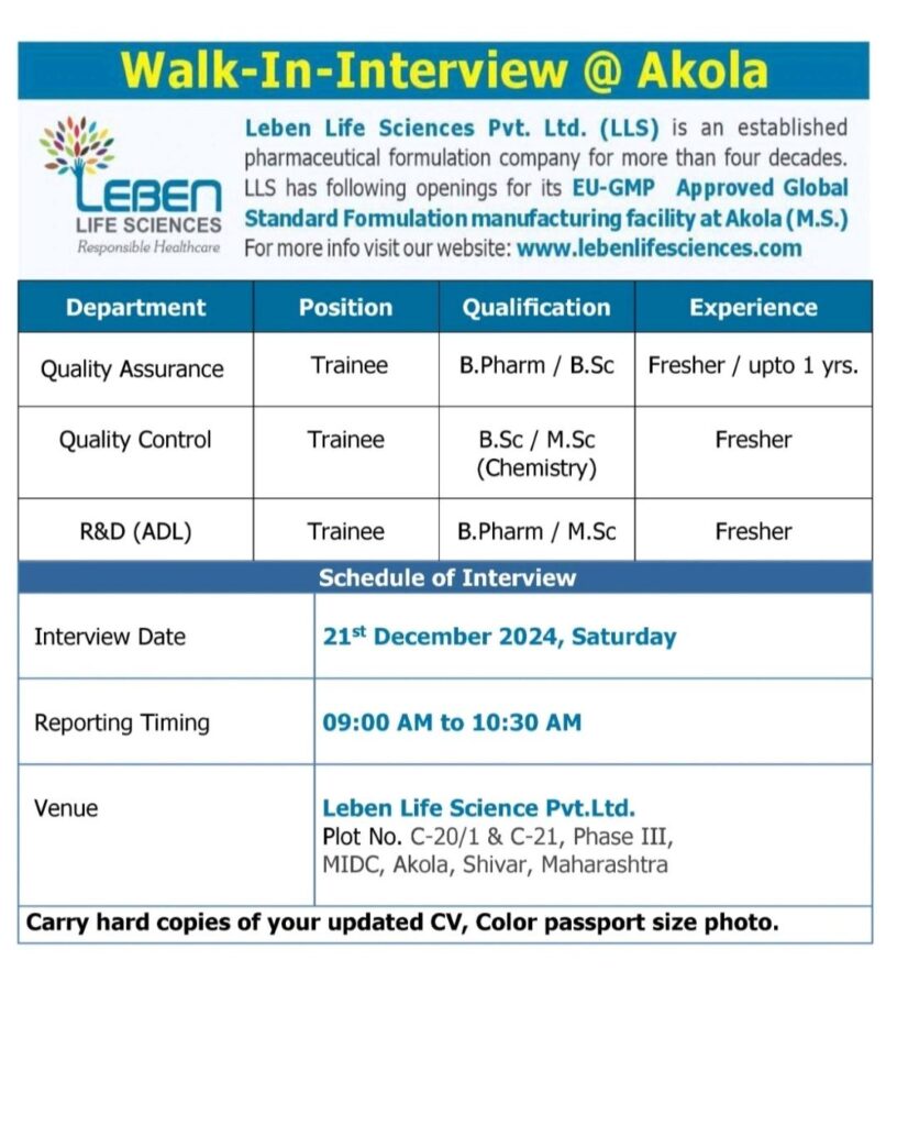 Leben Life Sciences Pvt. Ltd Walk In Drive on 21st December 2024, Saturday