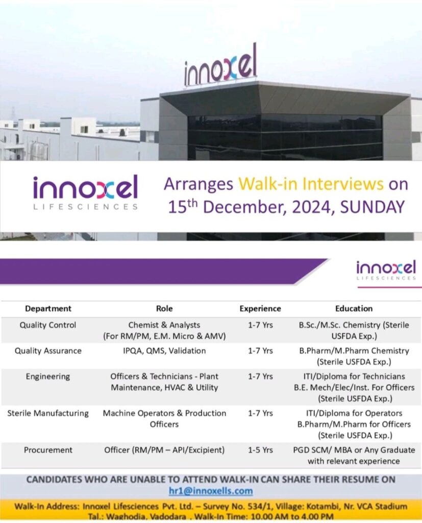 Innoxel Lifesciences Walk In Drive on 15th December, 2024, Sunday 
