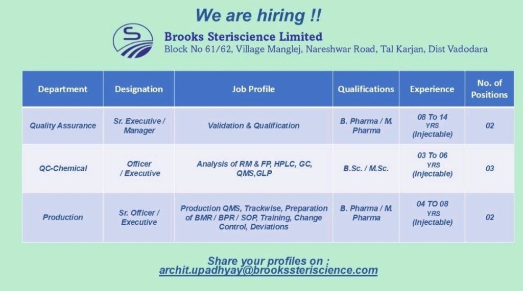 Brooks Steriscience Limited hiring for Quality Assurance, QC-Chemical & Production Department 