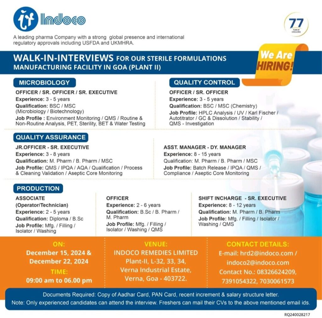Indoco Remedies Walk In Drive on 15 & 22 December 2024