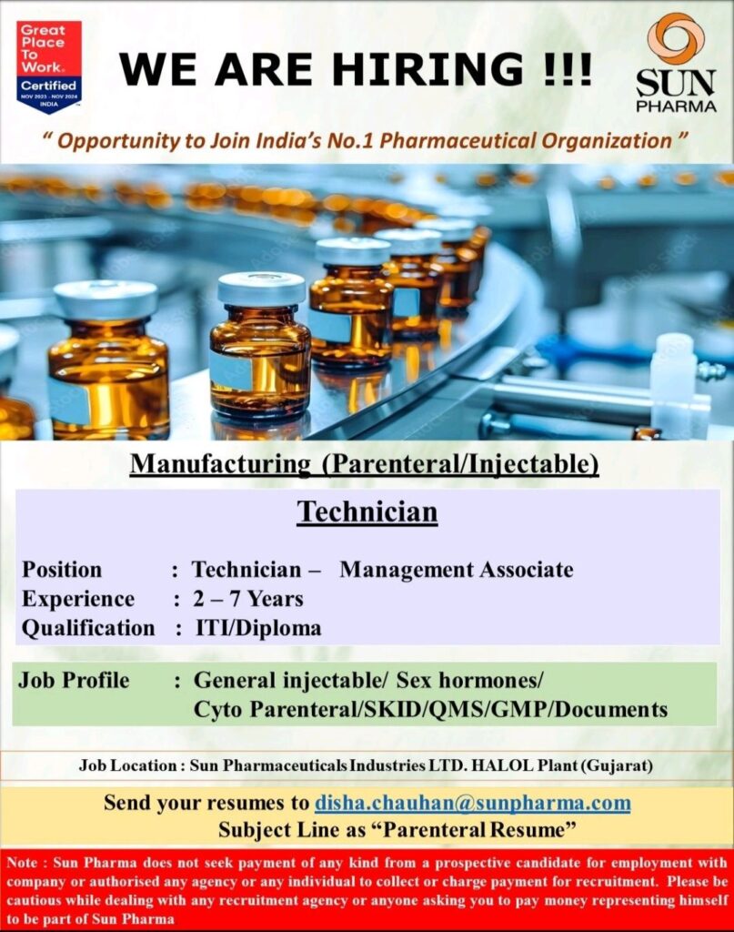 Sun Pharma hiring for Manufacturing (Parenteral/Injectable)
