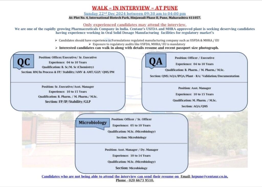 Centaur Pharma Walk In Drive on Sunday 22nd Dec 2024