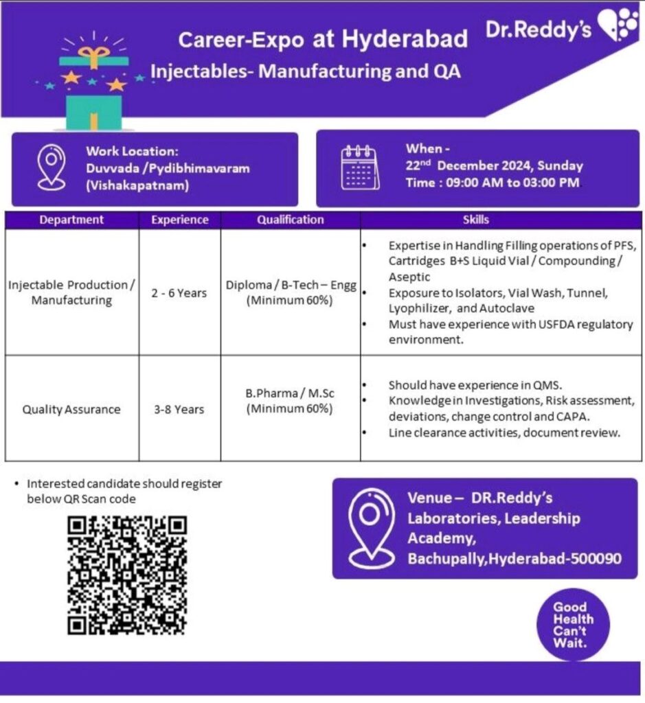 Dr. Reddy's Walk In Drive on 22nd December 2024, Sunday