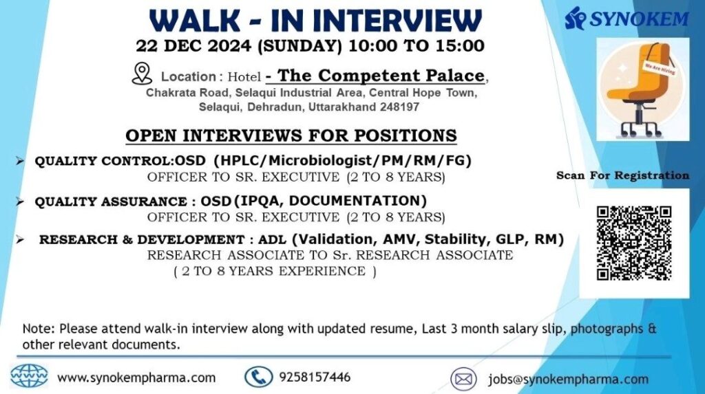 Synokem Pharma Walk In Drive on 22 December 2024 (Sunday) 