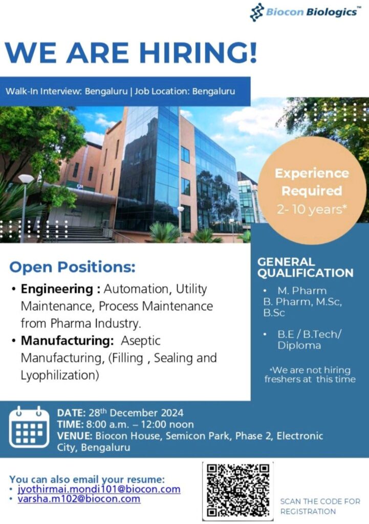 Biocon Biologics Walk In Drive on 28th December 2024