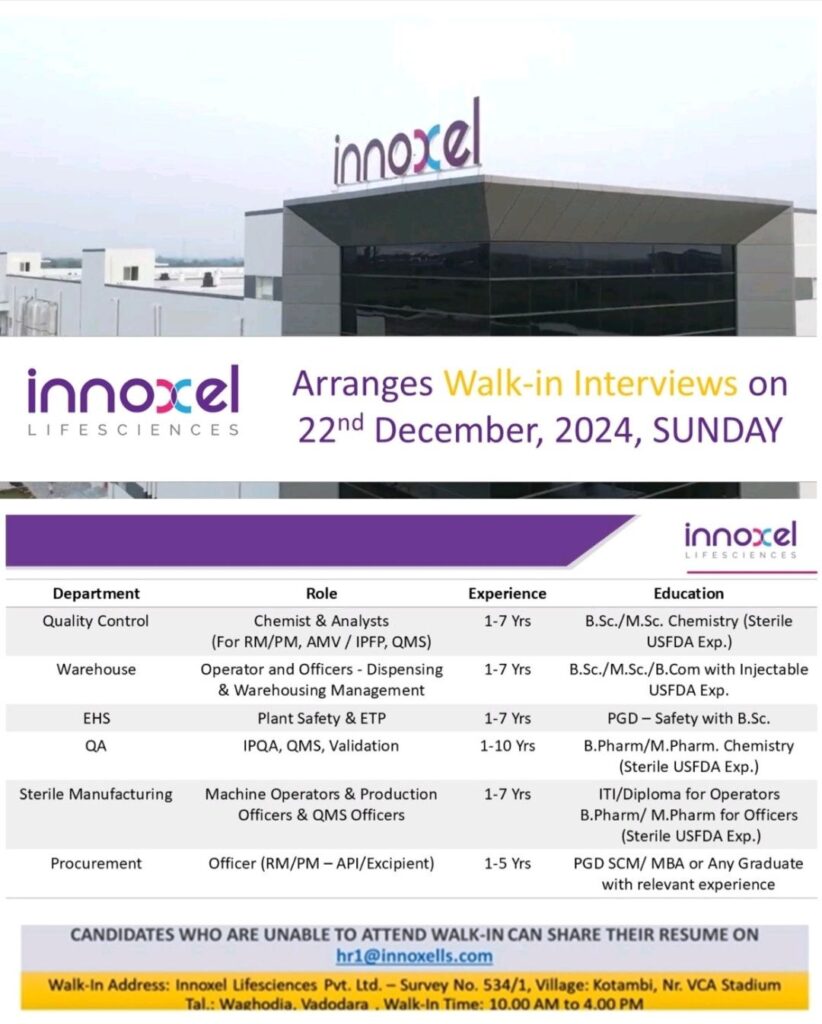 Innoxel Lifesciences Pvt. Ltd Walk In Drive on 22nd December, 2024, Sunday
