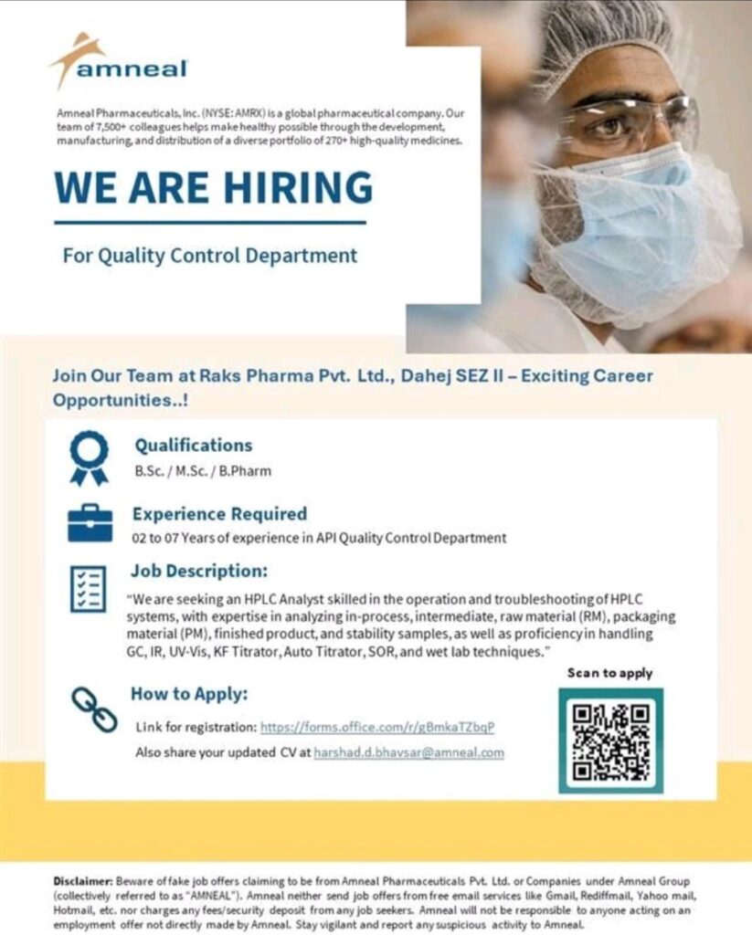 Amneal Pharmaceuticals hiring for Quality Control Department
