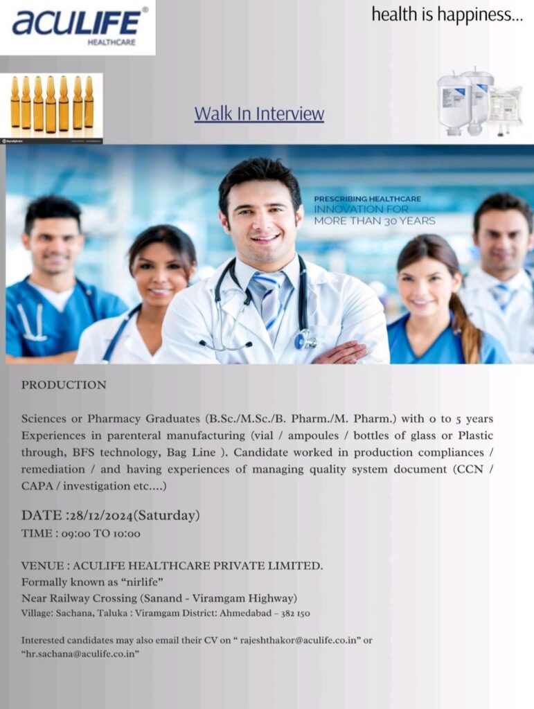 Aculife Healthcare Walk In Drive on 28th December 2024(Saturday)