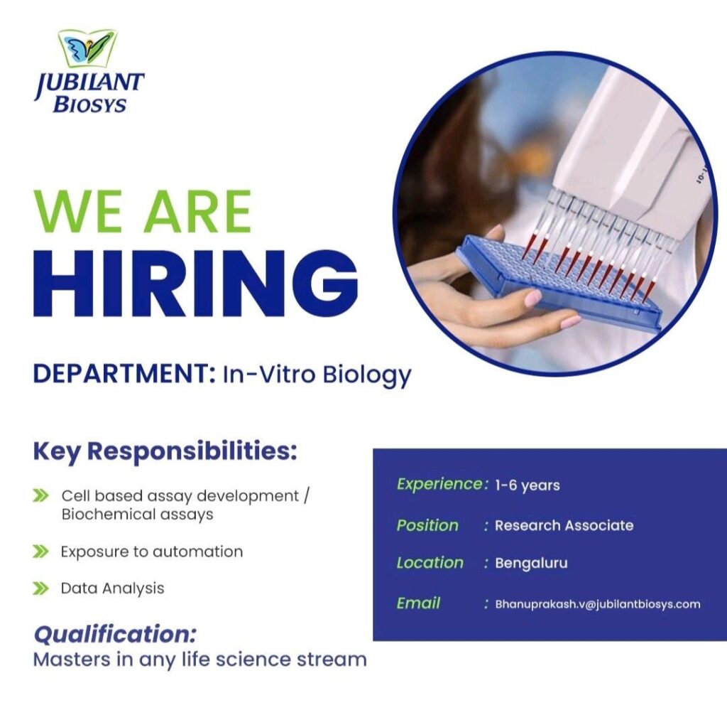 Jubilant Biosys hiring for In-Vitro Biology Department 