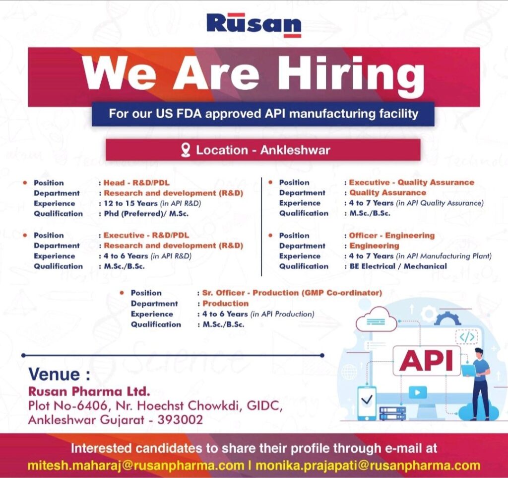 Rusan Pharma hiring for Research & Development (R&D), Quality Assurance, Engineering & Production Department 