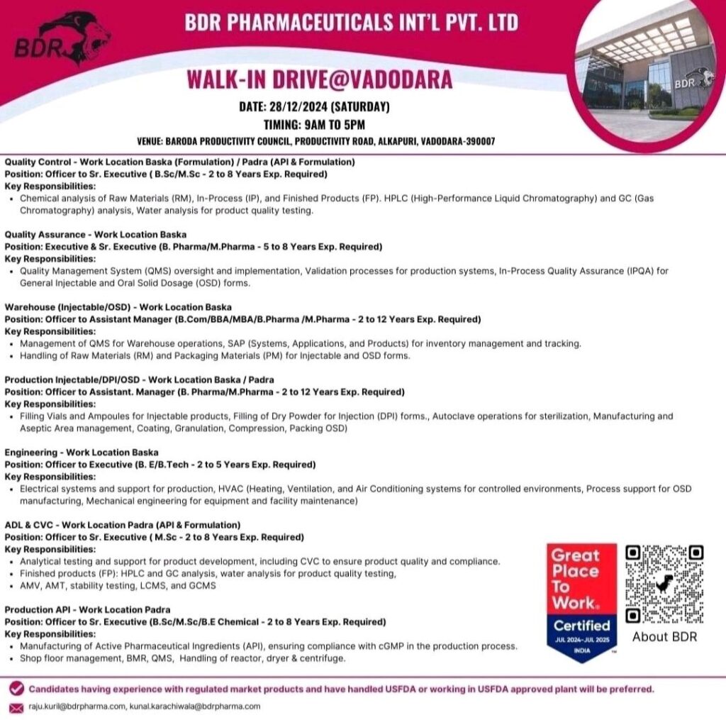 BDR Pharmaceuticals Int'l Pvt. Ltd Walk In Drive on 28th December 2024 (Saturday)
