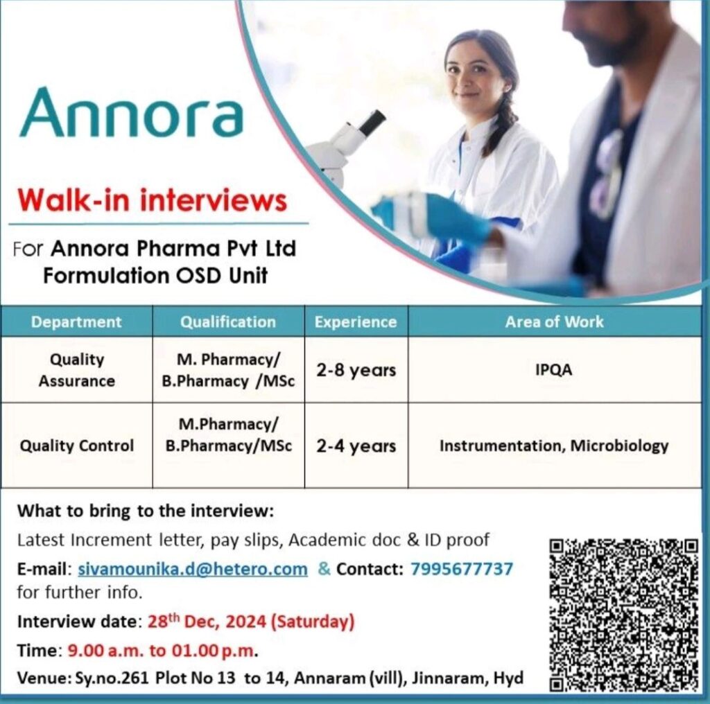 Annora Pharma Pvt Ltd Walk In Drive on 28th December, 2024 (Saturday)