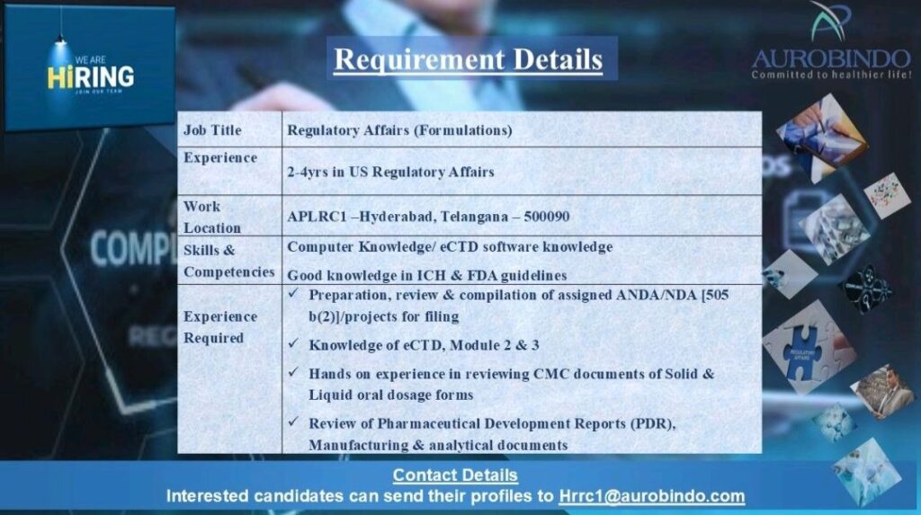 Aurobindo Pharma hiring for Regulatory affairs Department 